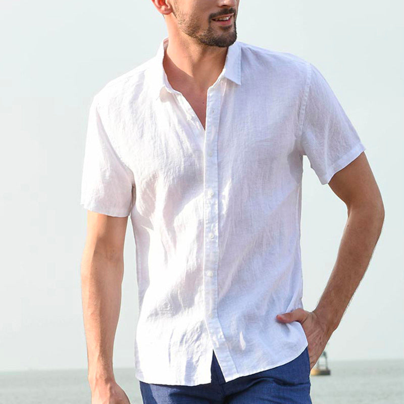 Linen Lapel Solid Color Short Sleeve Shirt