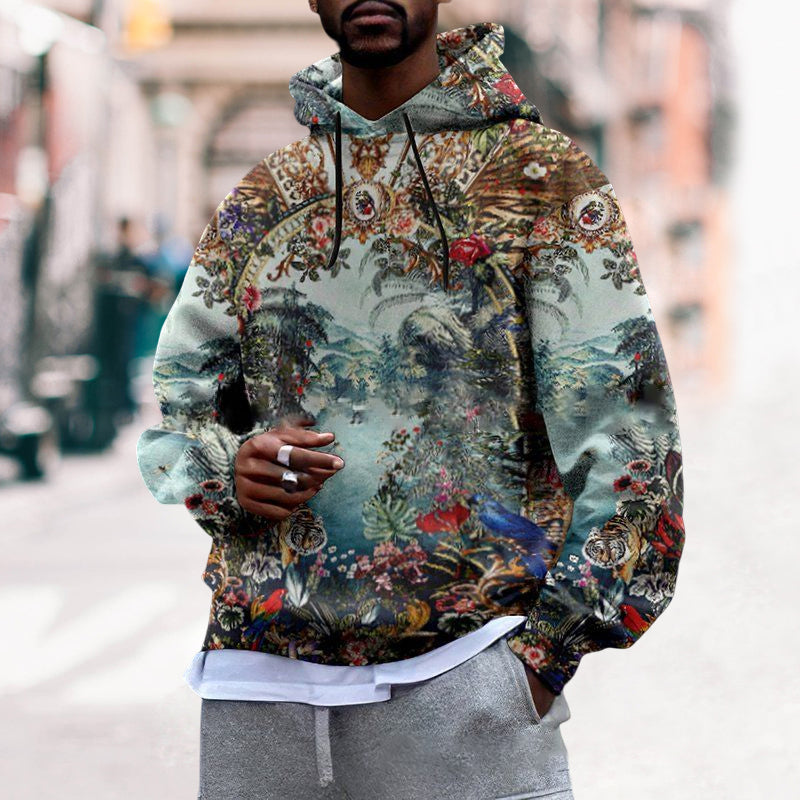 Round Neck Botanical Print Hoodie Sweatshirt