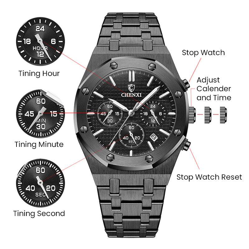 Men's Multifunctional Waterproof Quartz Steel Band Sports Watch
