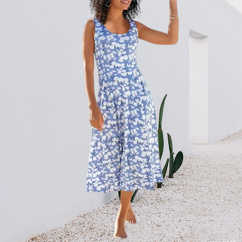 Round Neck Elegant Beach Sleeveless Midi Dresses