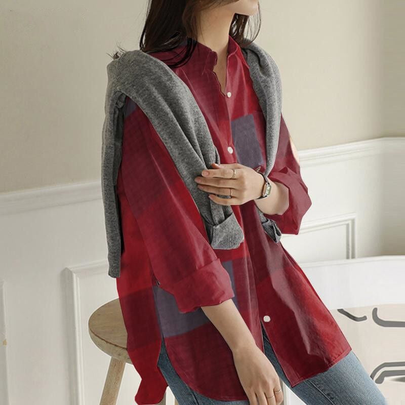Patchwork Long Sleeve Plaid Irregular Shirt