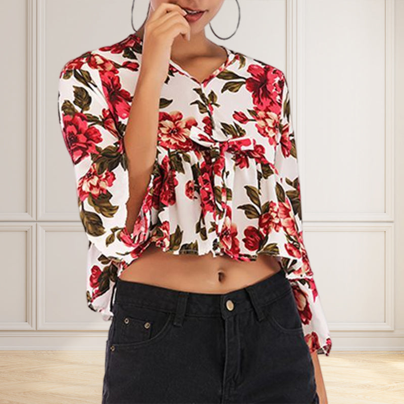 Ladies Summer V-Neck Flared Sleeve Printed Chiffon Shirt