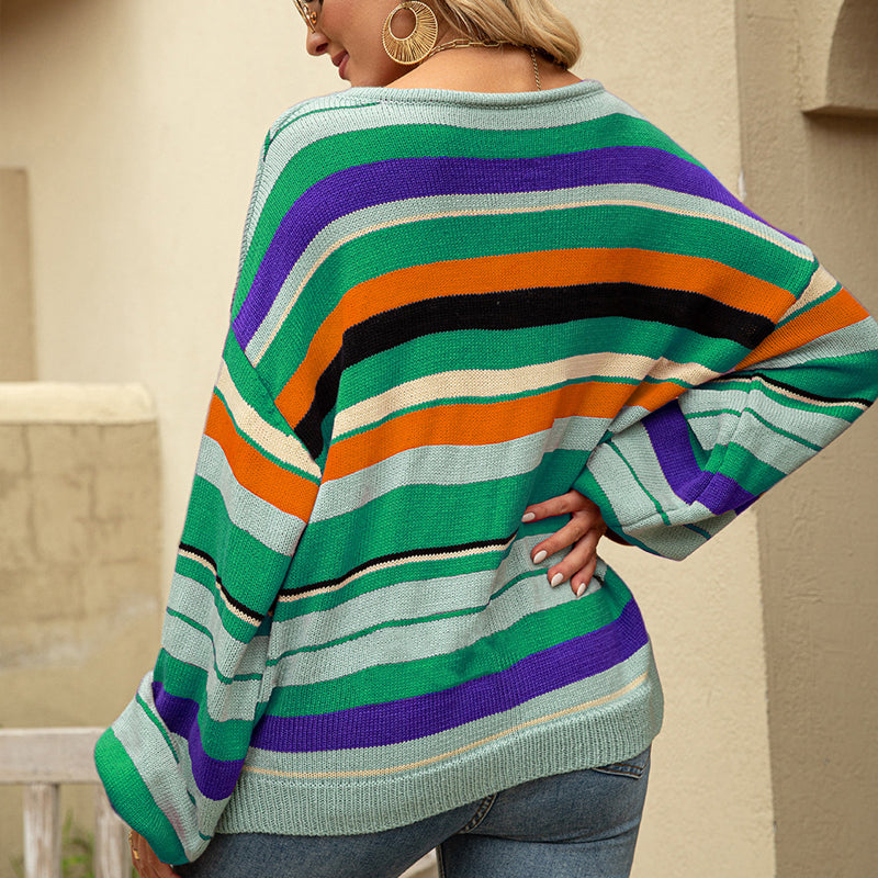Women's Colorful Striped Crewneck Loose Knit Sweater