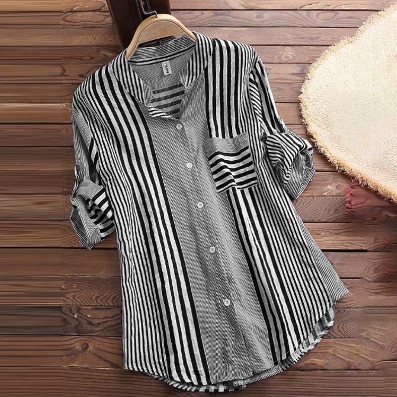 Stripe Print Stand Collar 3/4 Sleeves Blouse