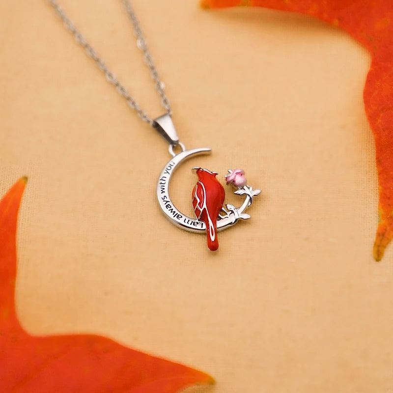 Red Cardinal With Rose Pendant Necklace