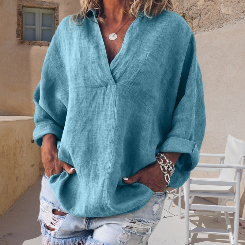 Oversized Loose Long Sleeve V-Neck Linen Shirt