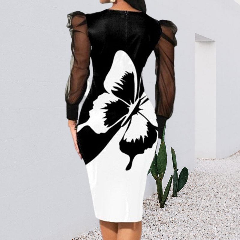 Mesh Long Sleeve Butterfly Print Pencil Dress