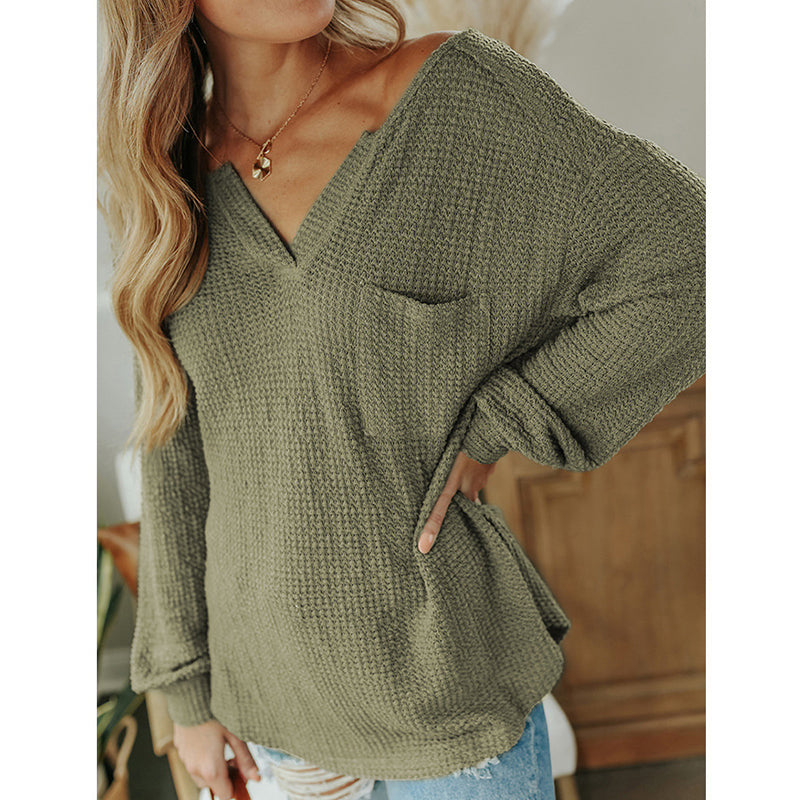 Solid Color V-Neck Pullover Long Sleeve Knit Sweater