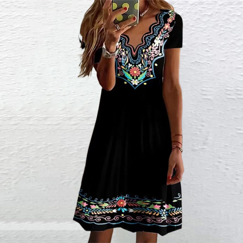 Wavy V-Neck Print Pastoral Casual Short Sleeve Dress