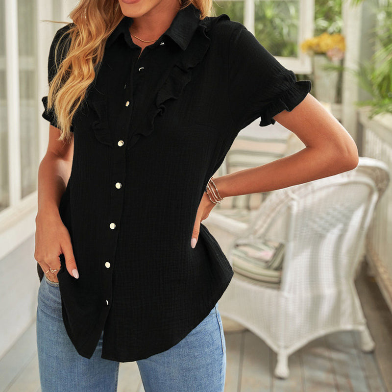 Ruffled Single-breasted Lapel Collar Shirt