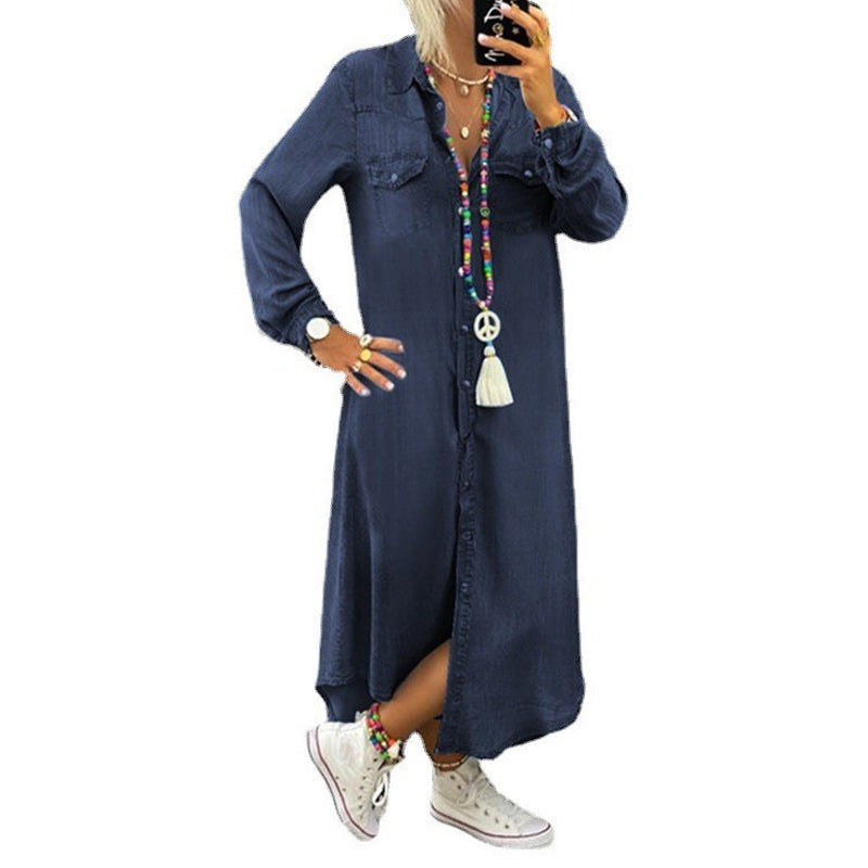 Women's Solid Color Long Sleeve Casual Denim Dress