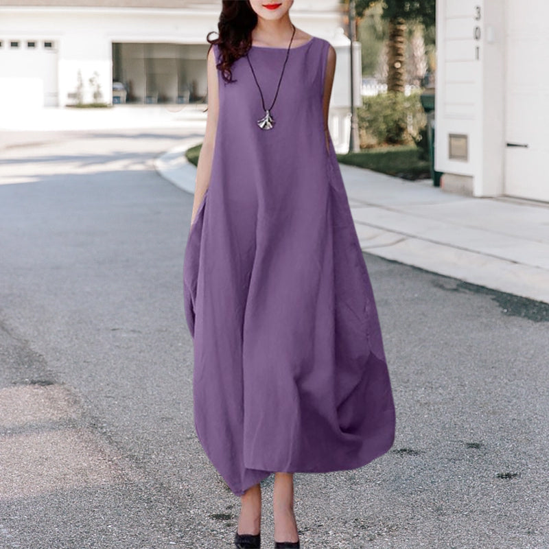 Solid Color Round Neck Dress