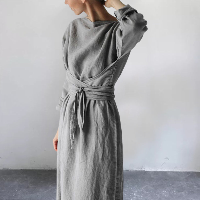 Cotton and Linen Loose Tie Long Dress