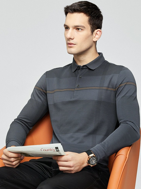 Men's Geometric Print Long Sleeve Lapel Polo Shirt