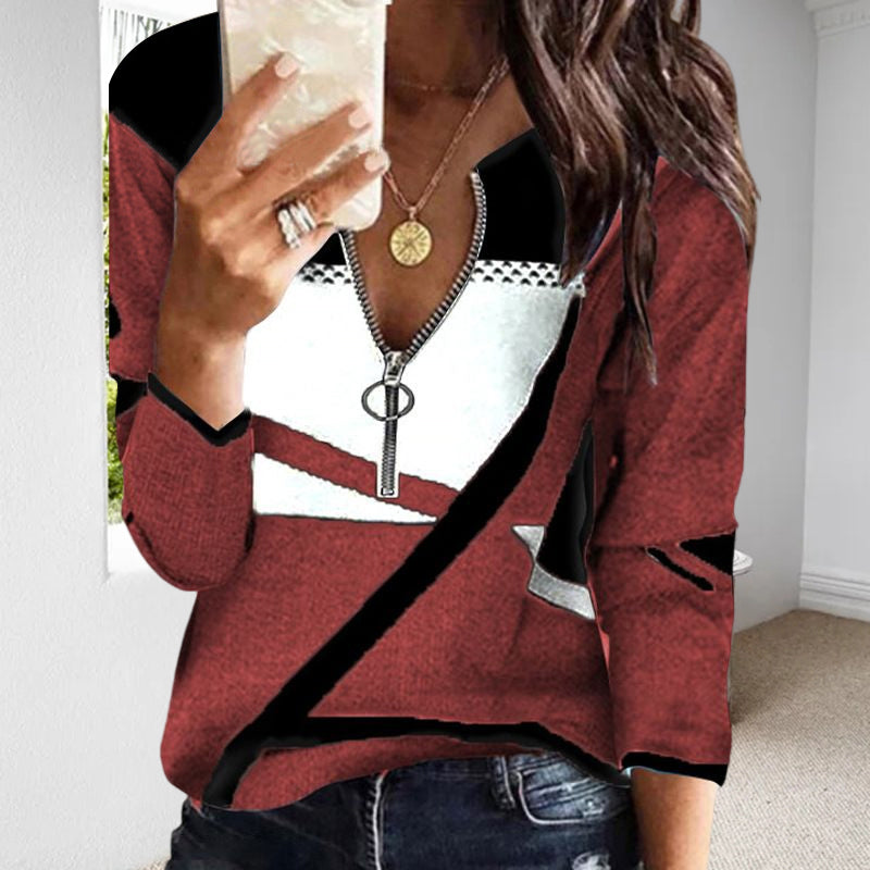 Women's Colorblock V-Neck Zip-Up Casual Sweatshirt
