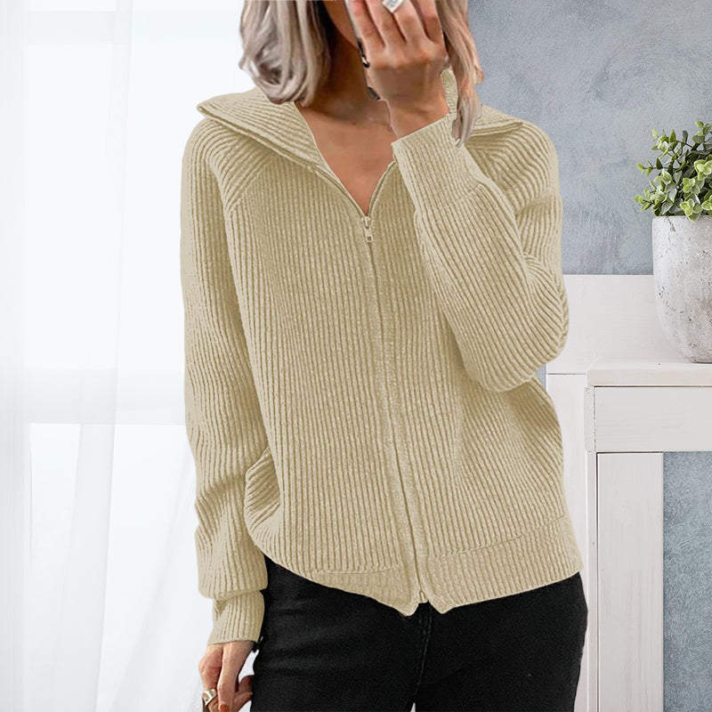 Striped Loose Knit Zip-Up Lapel Sweater