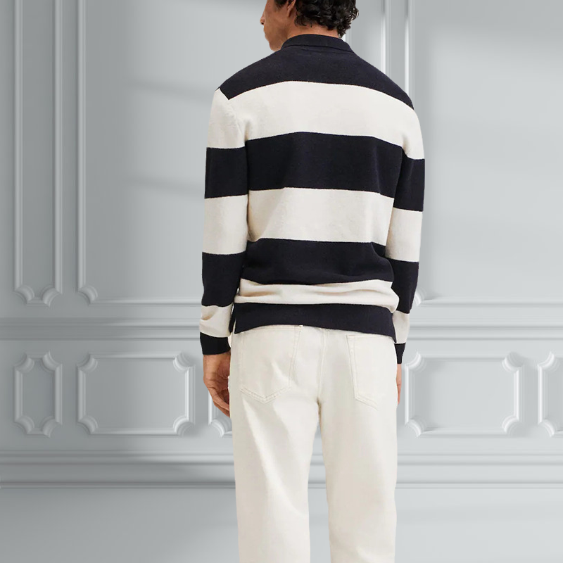 Lapel Half Button Contrast Striped Casual Pullover