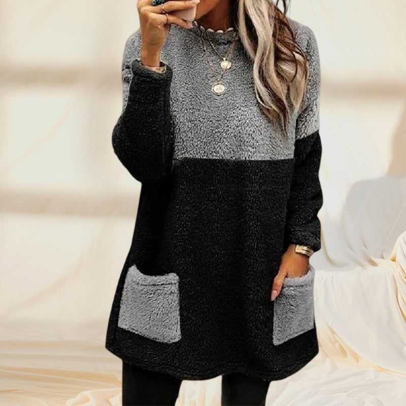 Round Neck Panels Pockets Long Sleeves Suede Sweatshirt