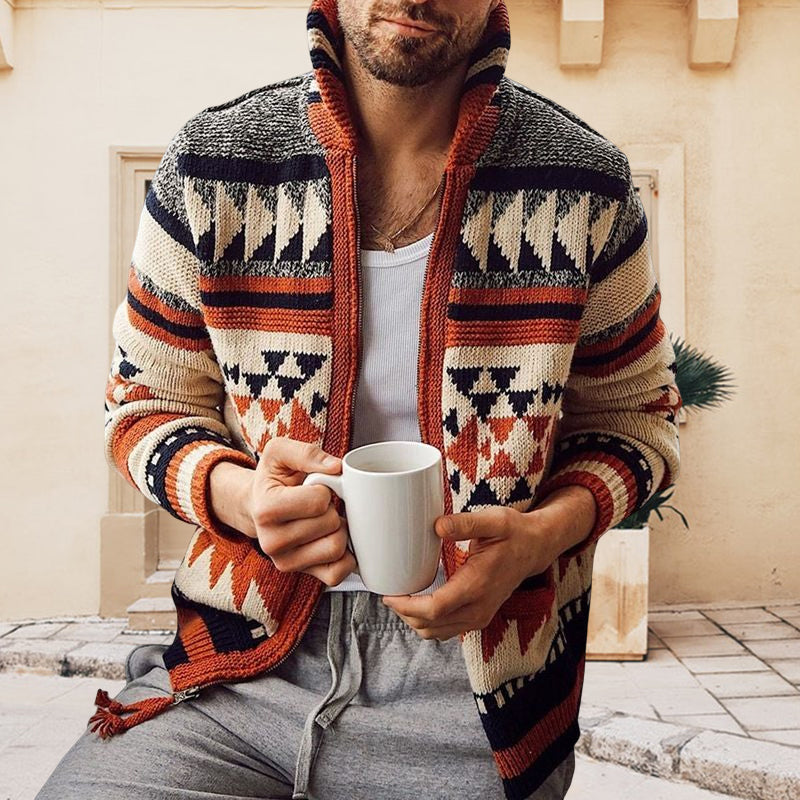Long Sleeve Lapel Jacquard Sweater Cardigan