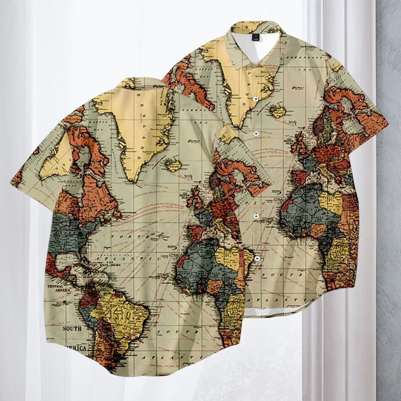 Men's Casual Vintage Map Printed Large Shirt