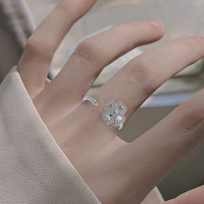 Four Leaf Heart Shape Adjustable Rotating Ring