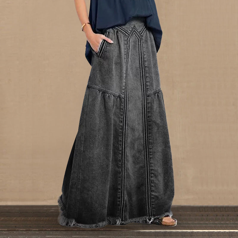 Women Distressed Solid Color Elastic Waist Loose Denim Skirt