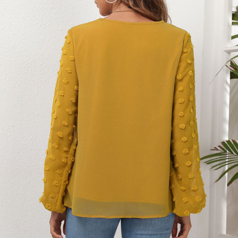 V-Neck Chiffon Panel Long Sleeve T-Shirt