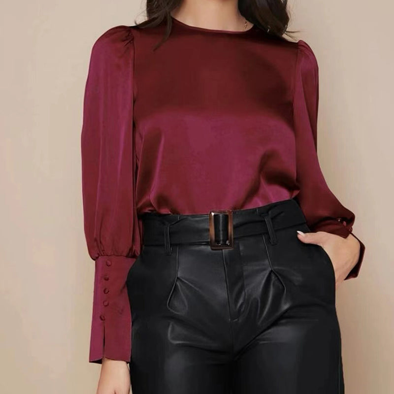 Crew Neck Button-Up Satin Shirt