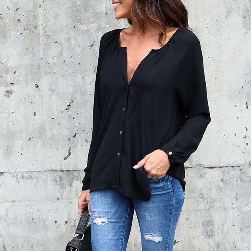 V Neck Button Long Sleeve Loose Chiffon Shirt