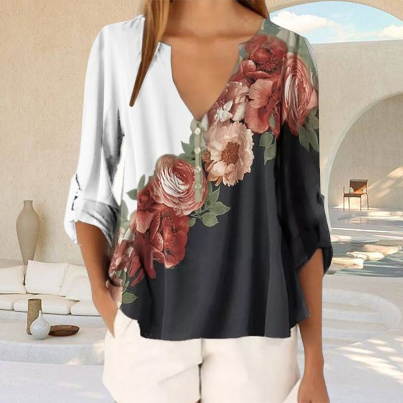 V-neck Printed Chiffon Shirt