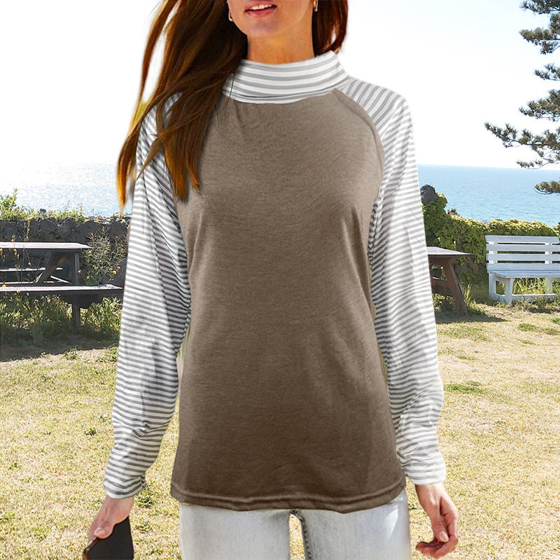 Paneled Long Sleeves Stacked Collar Striped Sweatshirt