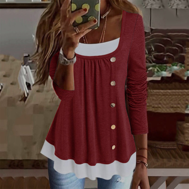 Round Neck Long Sleeve Color Block Button T-Shirt