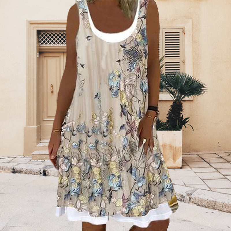 Printed Sleeveless Crewneck Dress