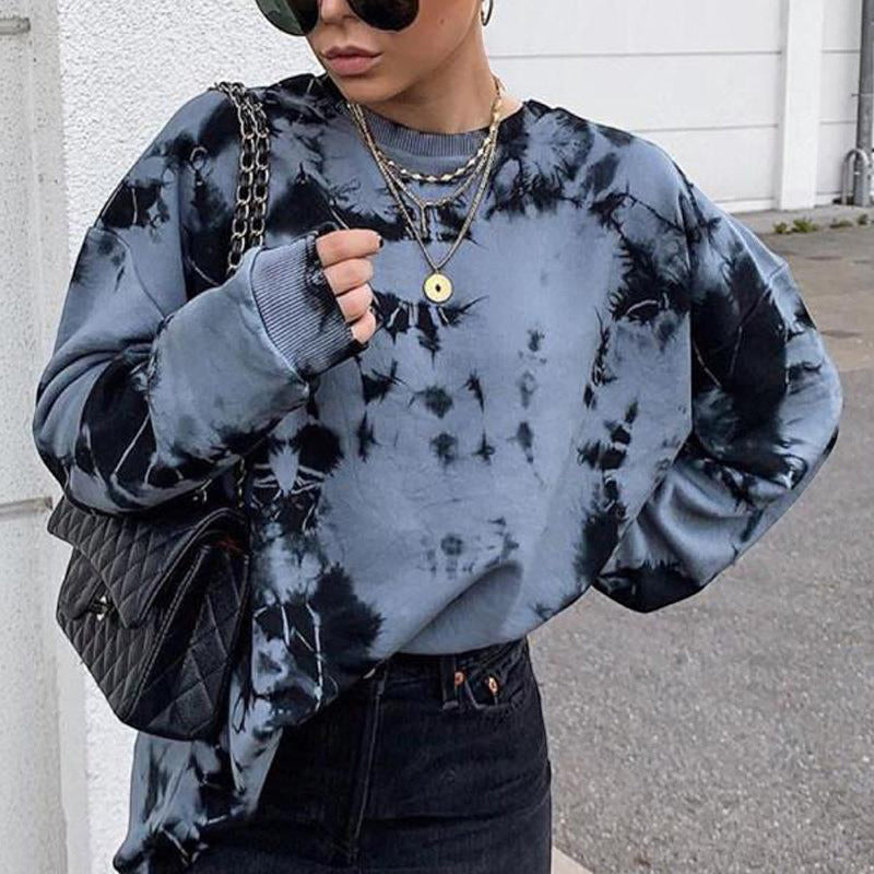 Loose Crew Neck Sweatshirt For Women In Tie-dye Style