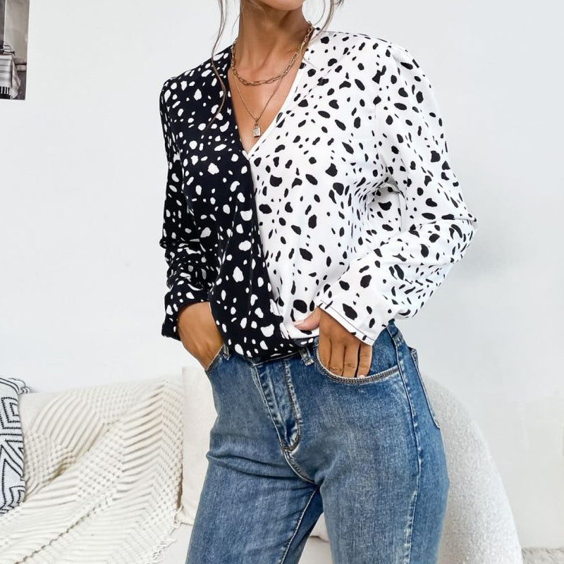Stone Pattern V-Neck Long Sleeve Shirt