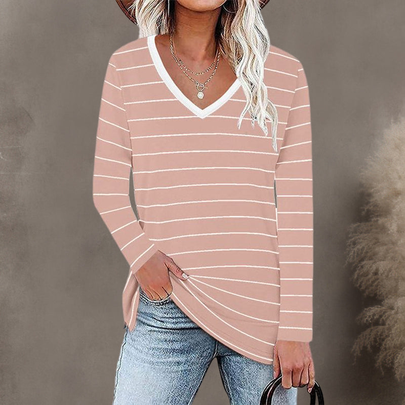 Long Sleeve V Neck Striped T-Shirt