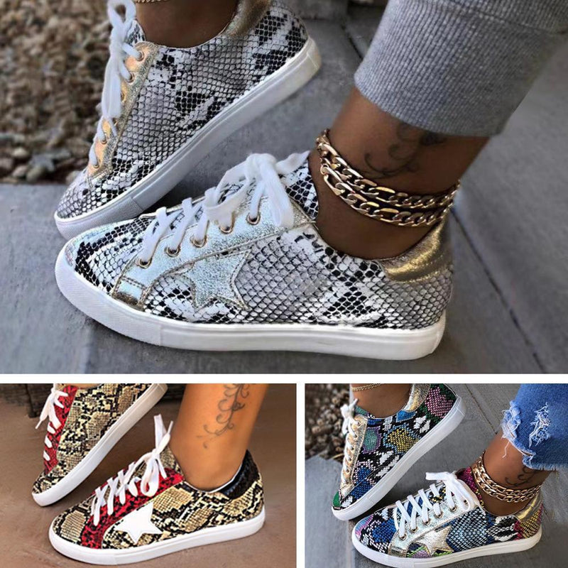 Glitter Lace-Up Star Pattern Casual Sneakers