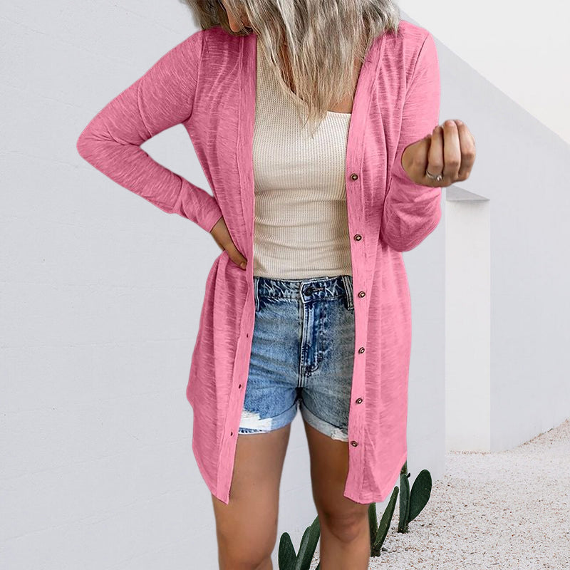 Button Solid Long Sleeve Cardigan