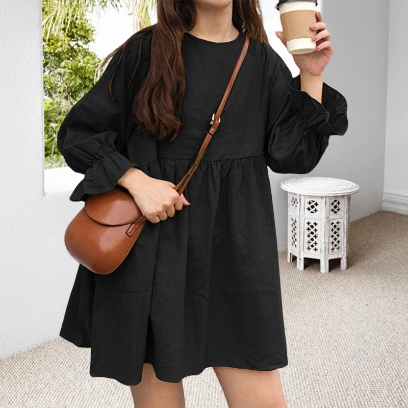 Long Sleeve Pleated Mini Cotton Linen Dress