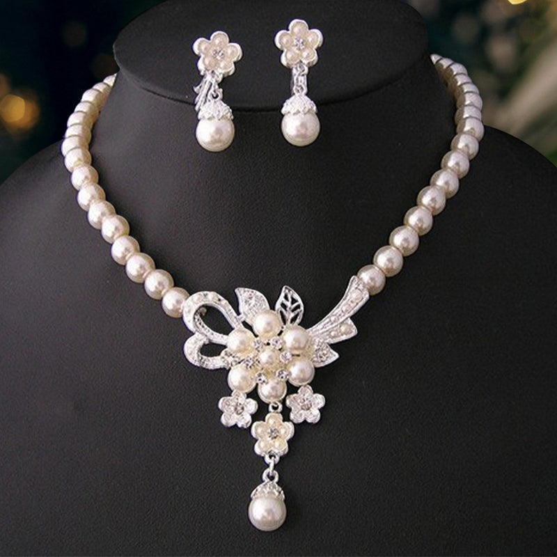 Crystal Diamond Pearl Necklace And Earring Set