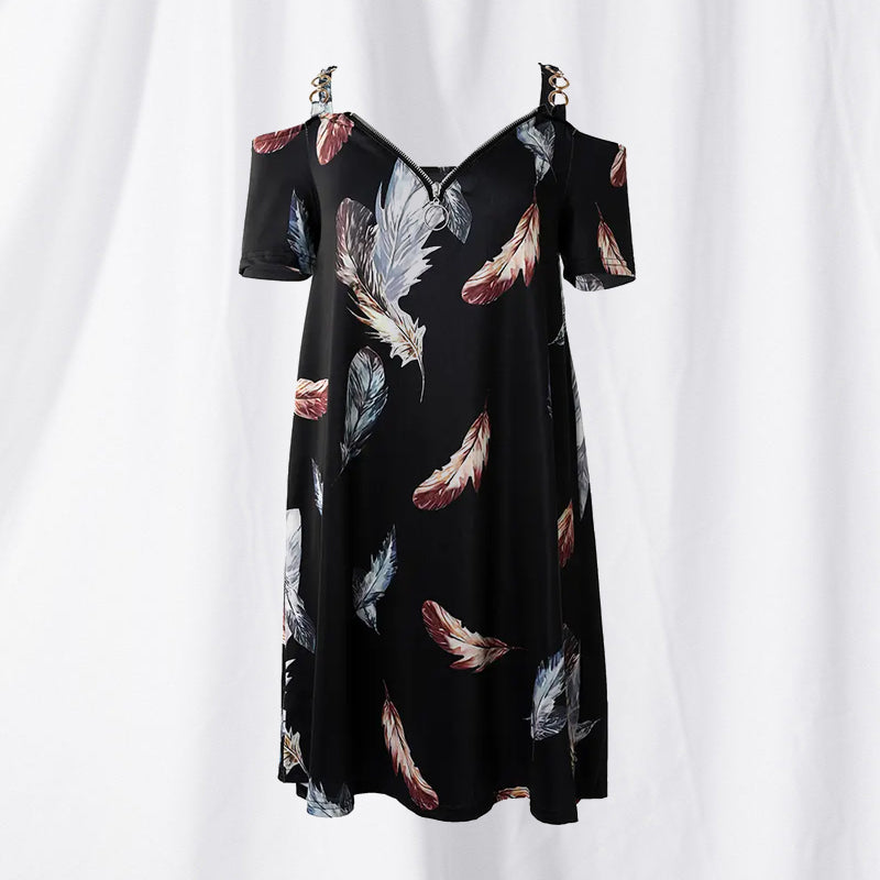 Feather Print Cold Shoulder Pocket Design Casual Dress