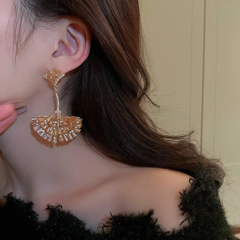 Diamond Encrusted Crystal Fan-Shaped Ginkgo Leaf Earrings