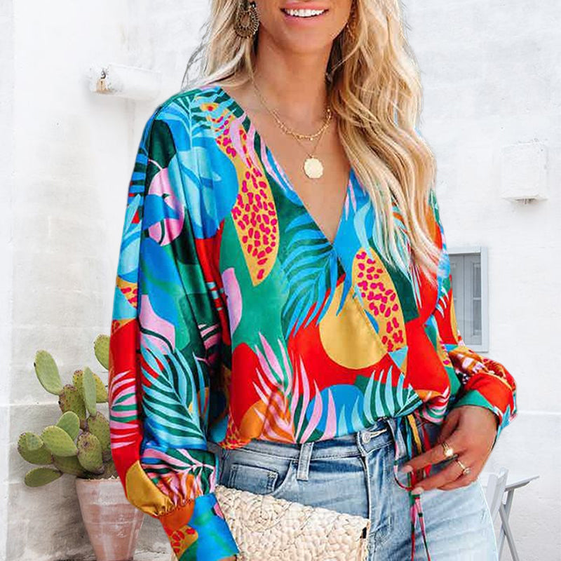 Printed V-Neck Long Sleeve Loose Casual Shirt