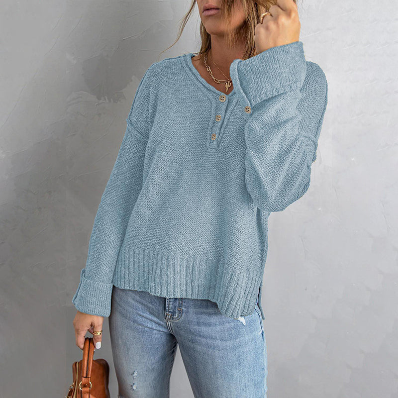 Button Knit Dropped Shoulder Sweater