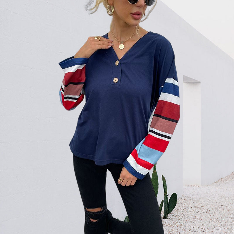 V-Neck Striped Sleeve Top