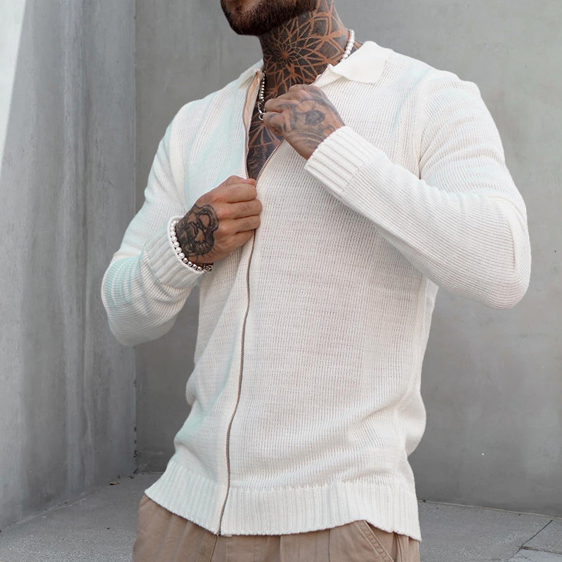 Men's White Long Sleeve Casual Fashion Zip Knit Sweater