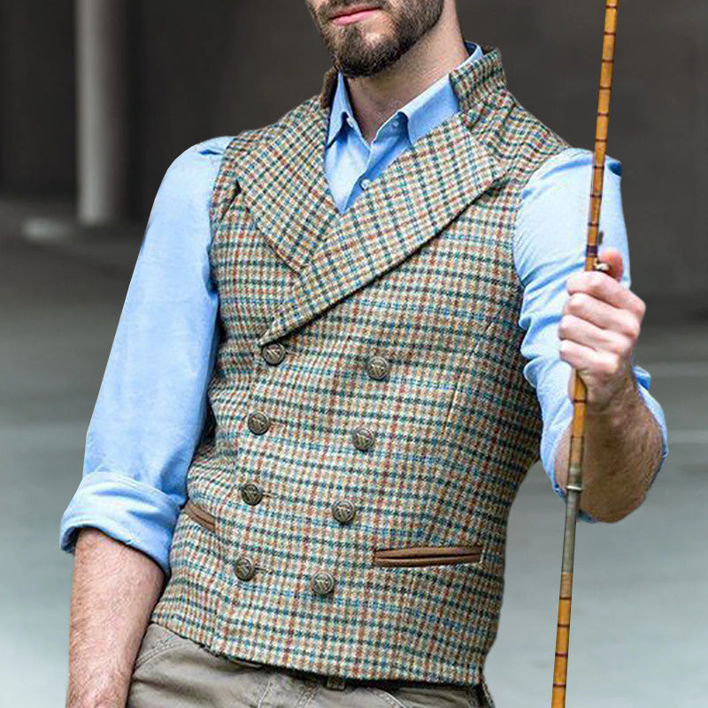 Check Double-Breasted Suit Collar Slim Cargo Vest