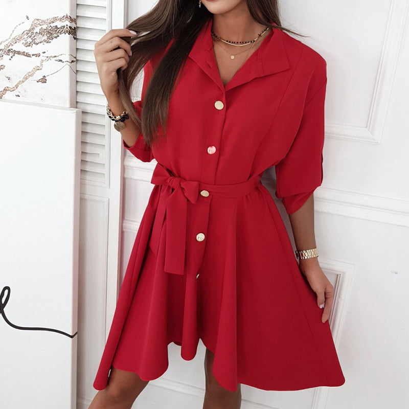 Solid Color Waist Button Belt Dress