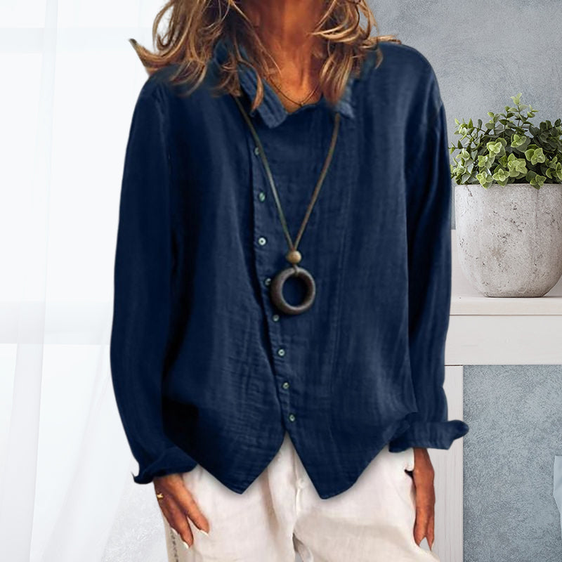 Solid Color Cotton Linen Lapel Shirt
