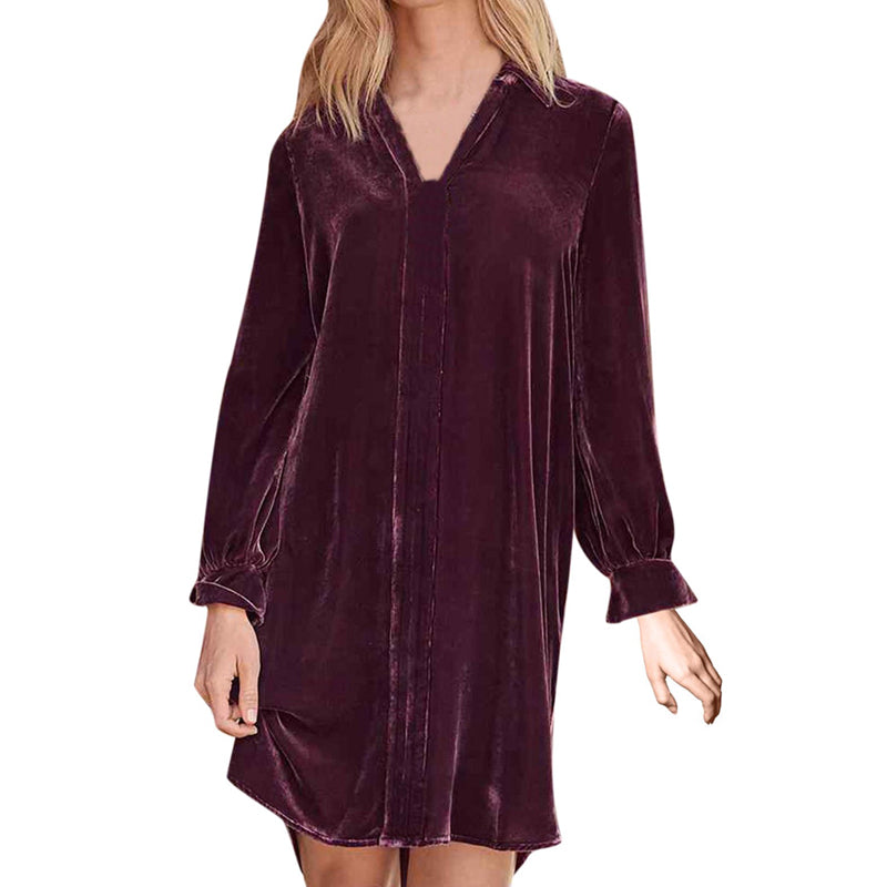 Long-Sleeve V-Neck Panel Gold Velvet Dress